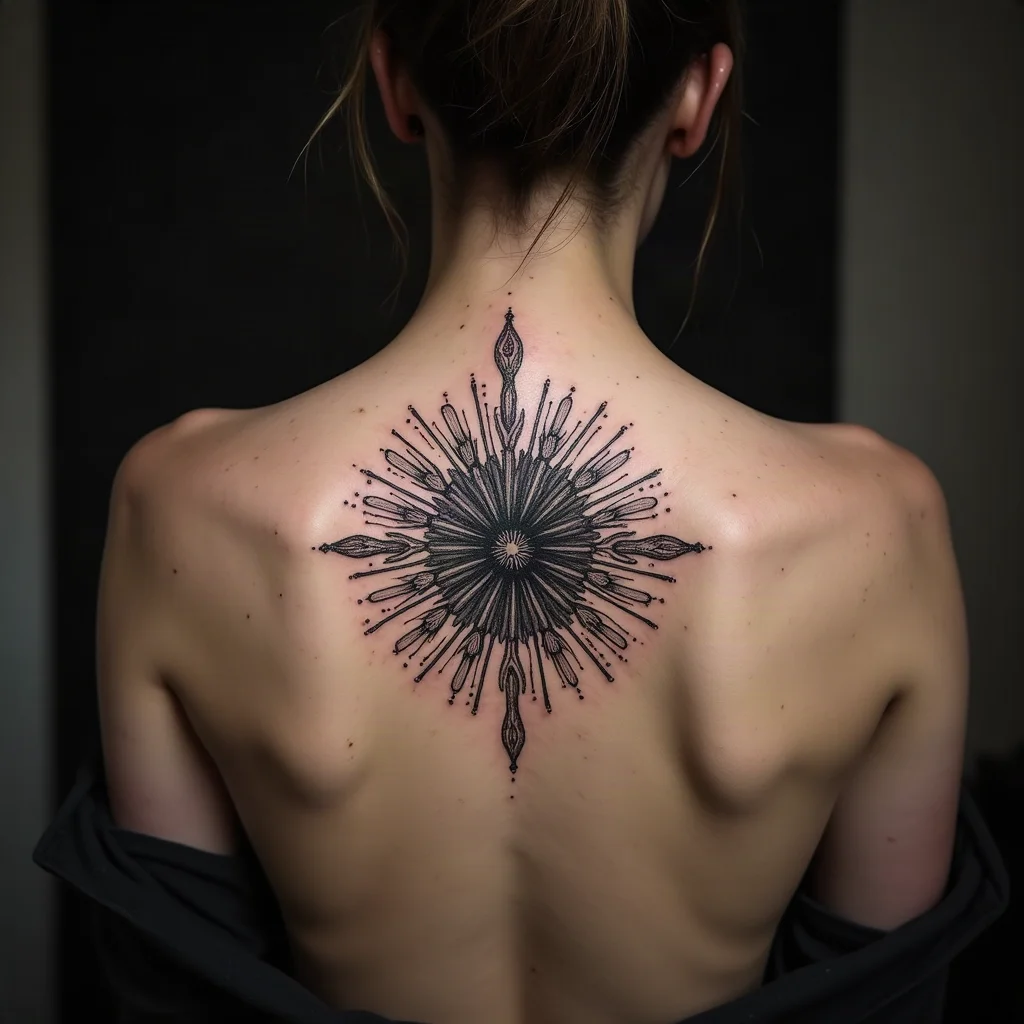 Radial dotwork aster mandala tattooed across the upper back