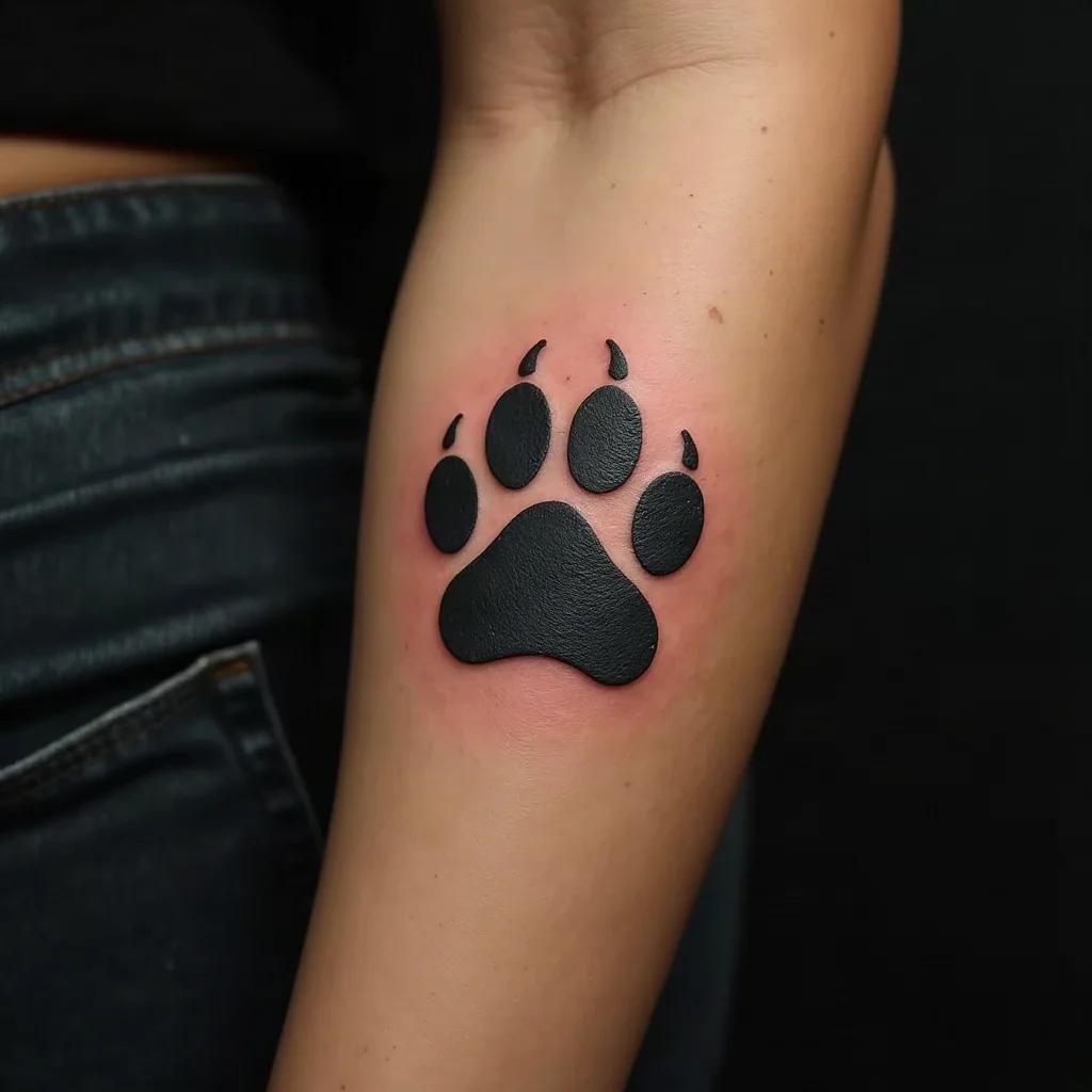 Real ink-pad dog paw print tattoo in solid black without outline on an inner forearm