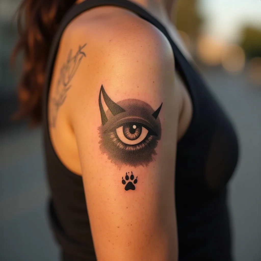 Realistic dog eye above a paw print, illustrative grey wash tattoo on an upper arm