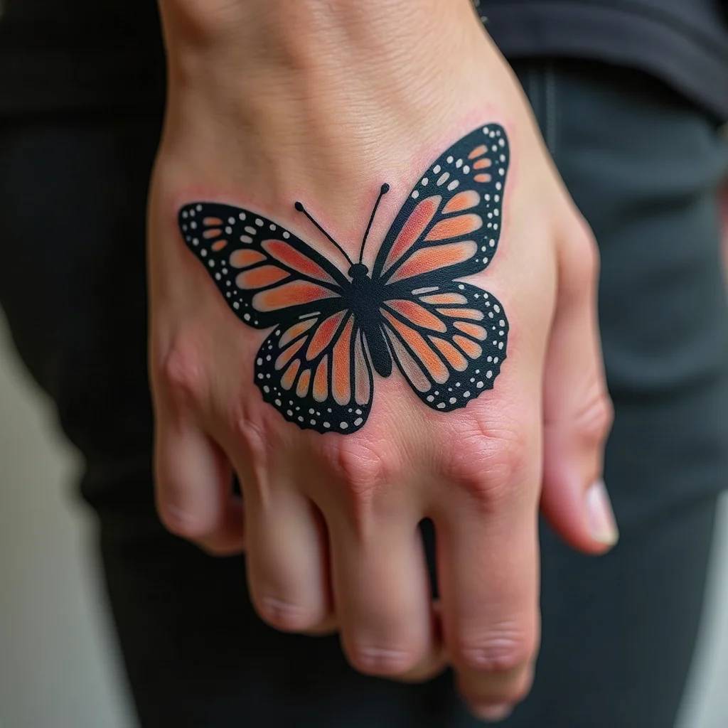 Realistic illustrative butterfly perched on the back of the hand