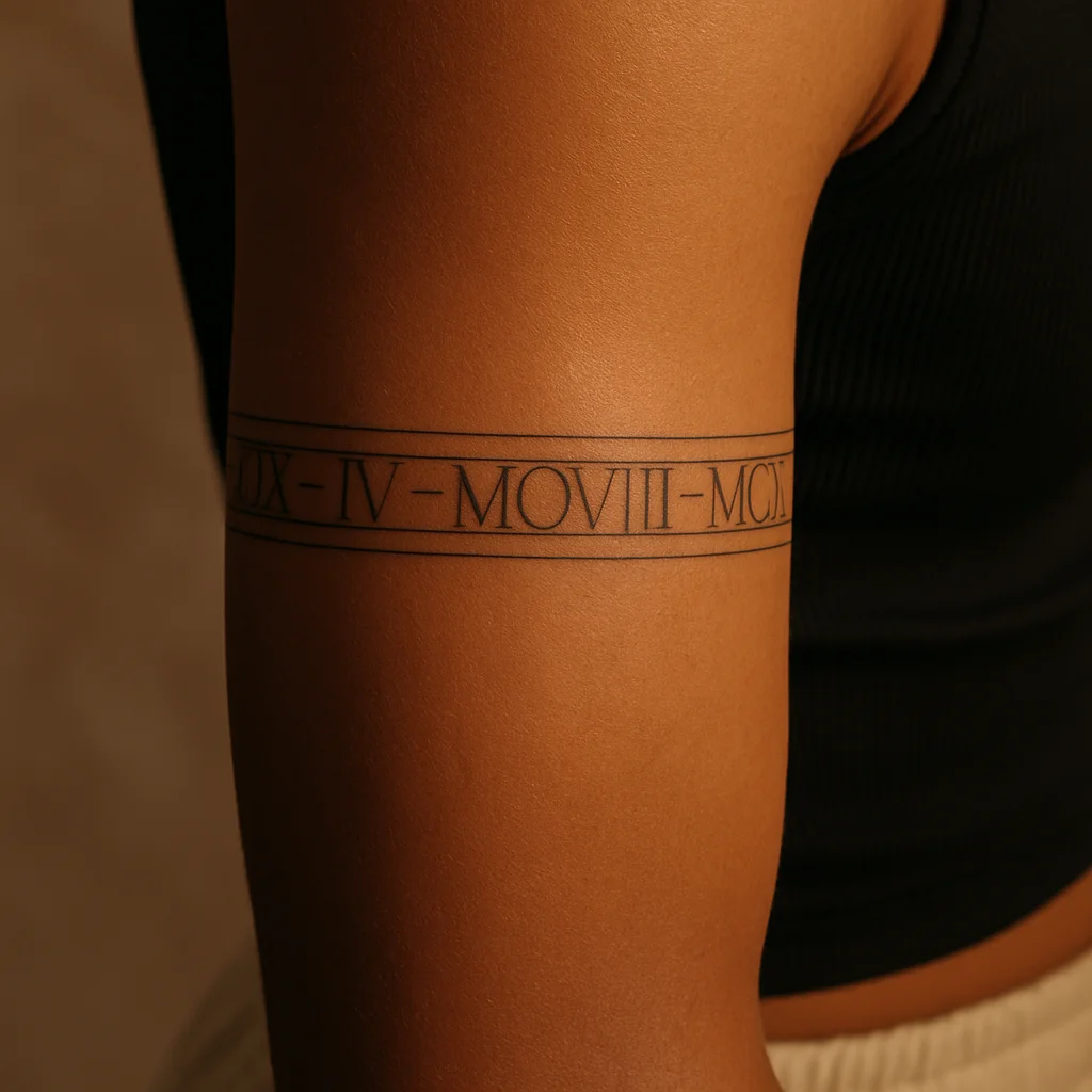 Roman numeral armband wrapping the bicep in fine-line lettering