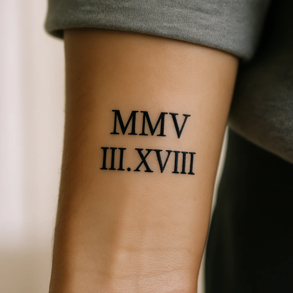 Roman numeral date tattoo stacked in two rows on a man's inner wrist