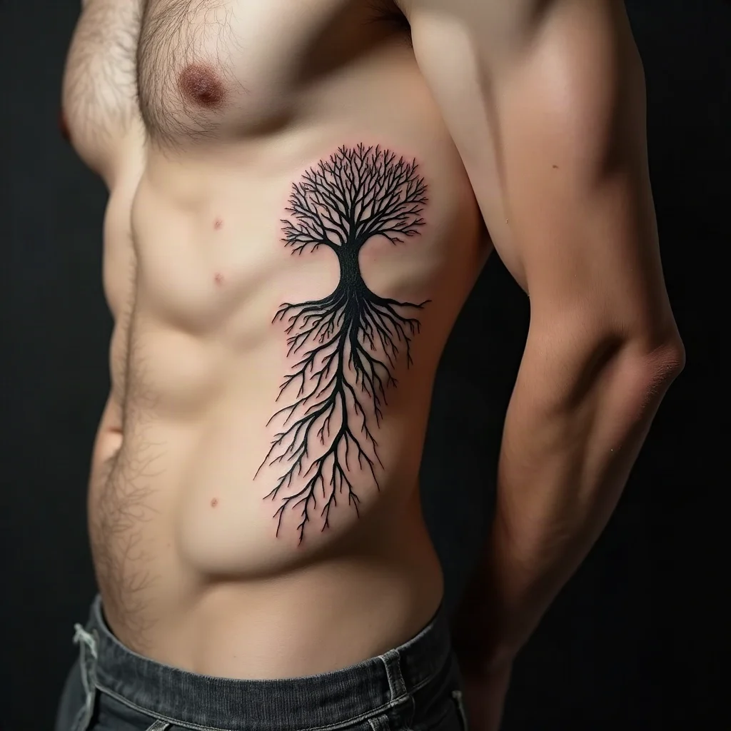 Roots turning into a river tattooed in illustrative style on a man's ribcage