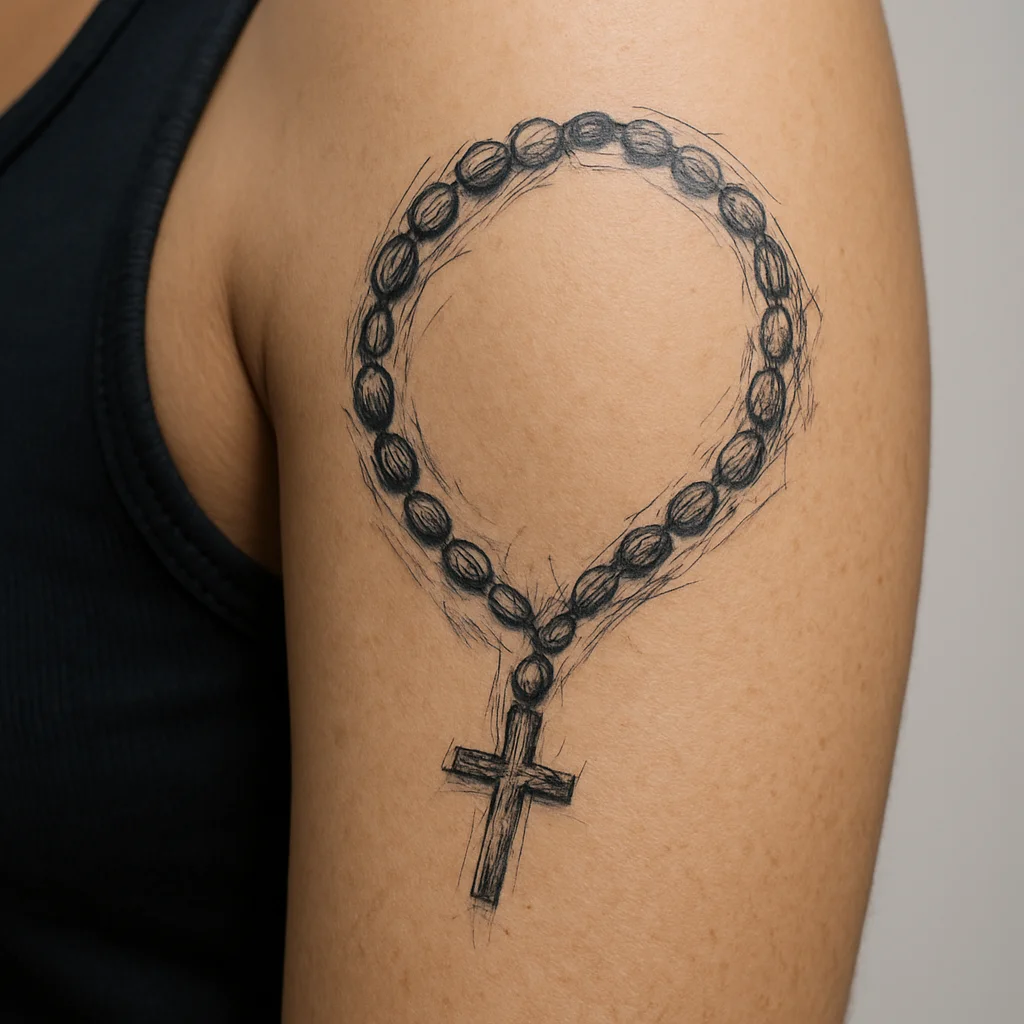 Rosary bead armband with a small cross on the outer bicep, illustrative style