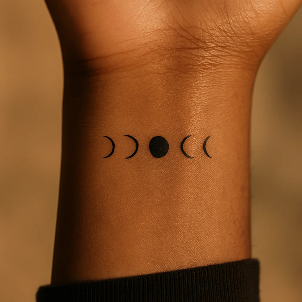Row of tiny moon phases tattooed on the inner wrist as a matching friendship design