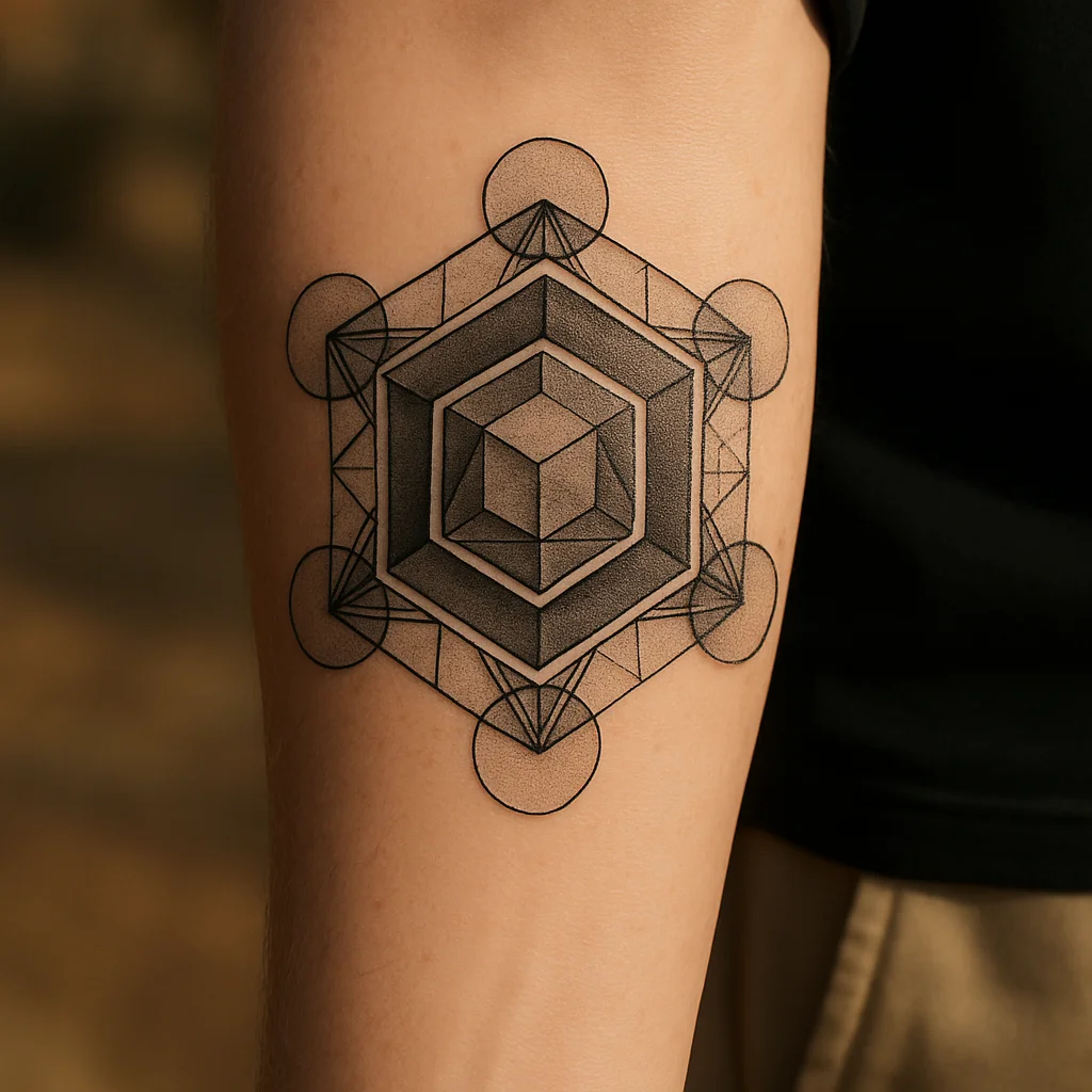 Sacred geometry grid with dotwork stipple shading tattooed on the outer forearm