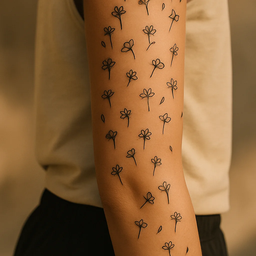 Scattered micro-floral confetti sleeve with tiny minimalist blooms across the arm