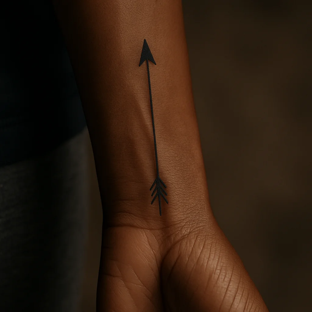 Simple vertical arrow tattoo along the tendon line of a man's inner wrist