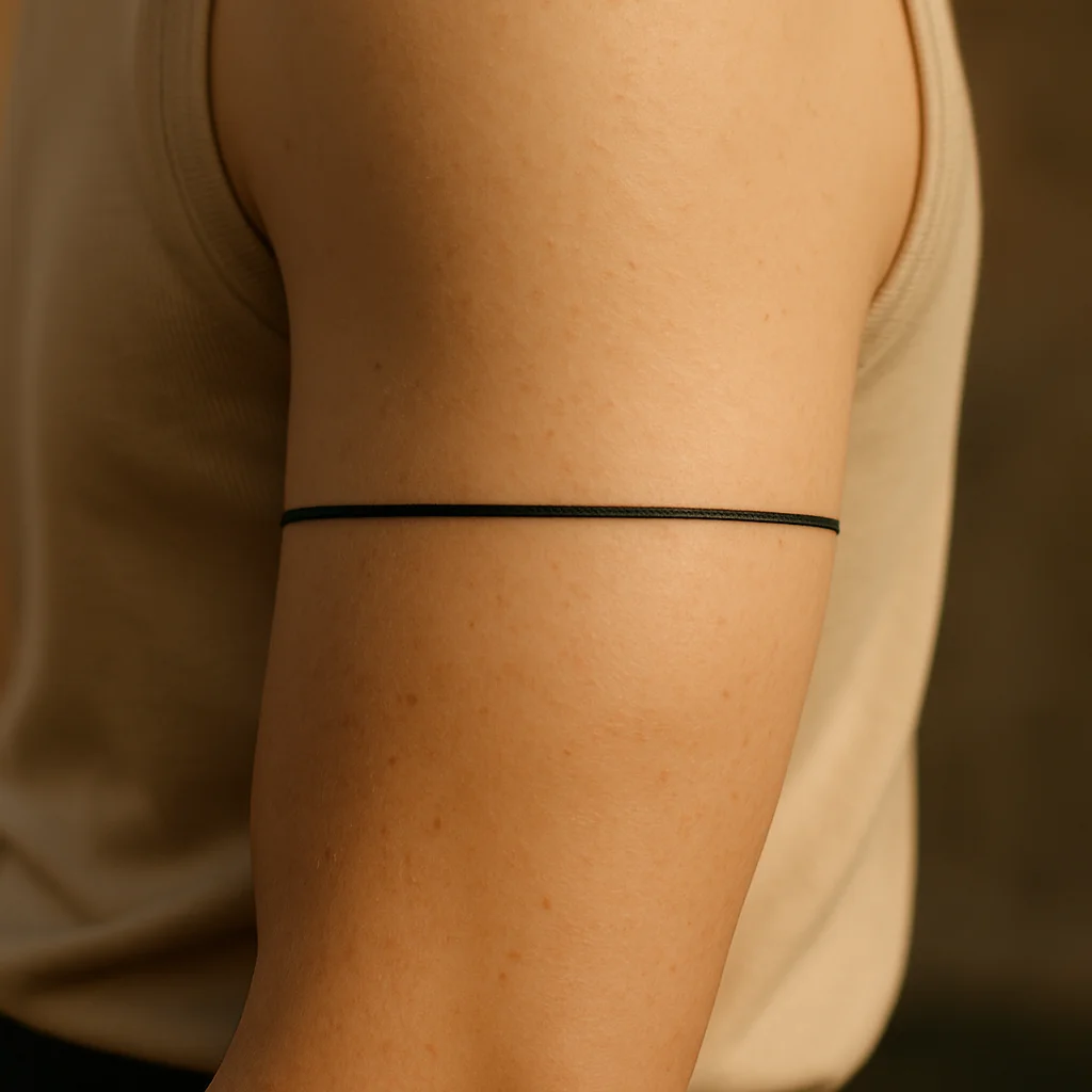 Single 3mm solid black armband closed around the bicep in minimalist style