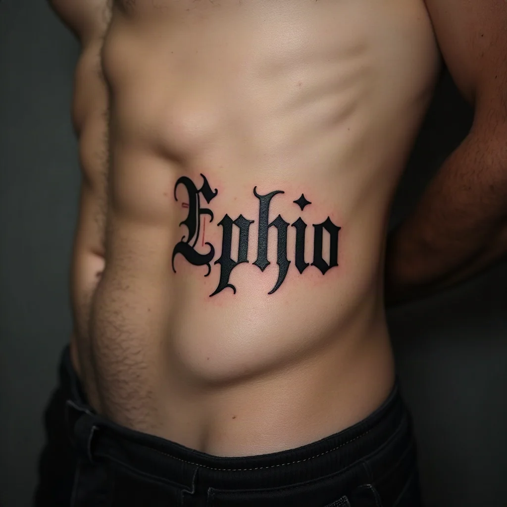 Single blackletter word tattooed along a rib on a man's side of the ribcage