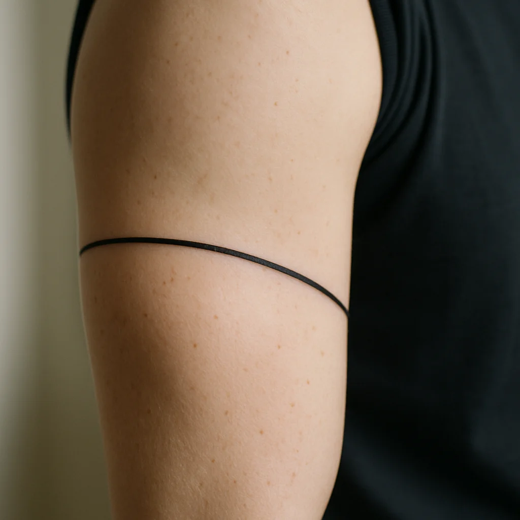 Single clean black armband line wrapping the fullest part of the bicep in minimalist style