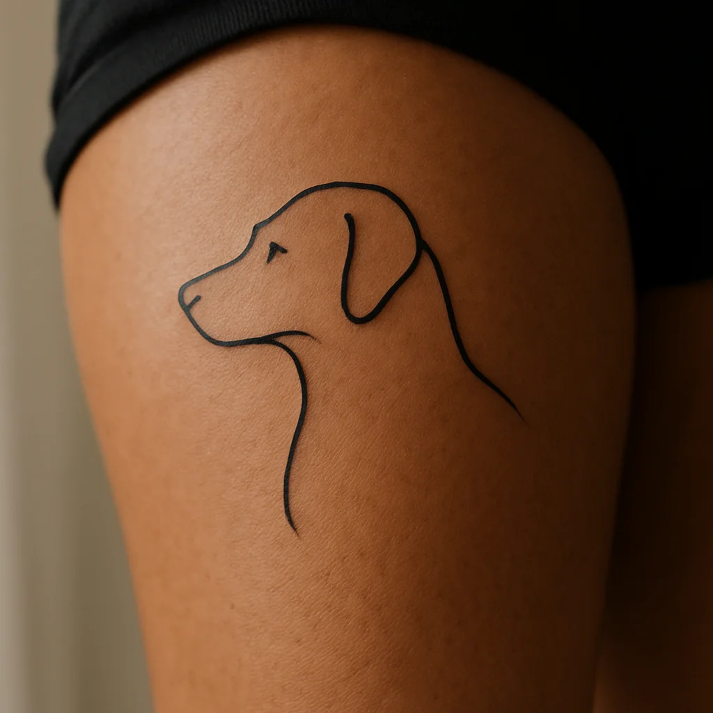 Single-line dog silhouette tattoo in minimalist style on the thigh