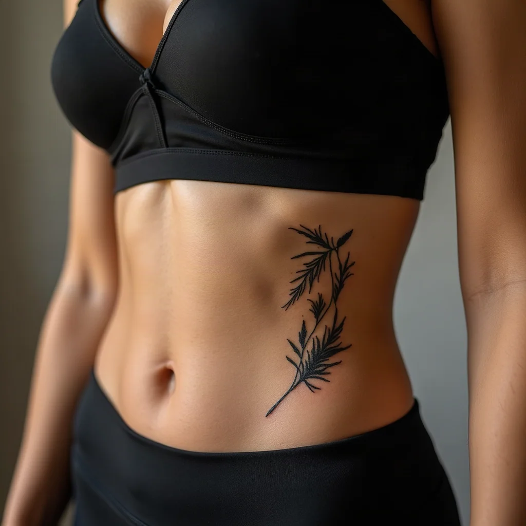 Single-line figure study tattoo in fine-line style on the side of the ribcage