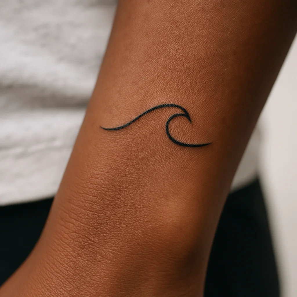 Single-line wave tattoo with a broken stroke on a man's inner wrist