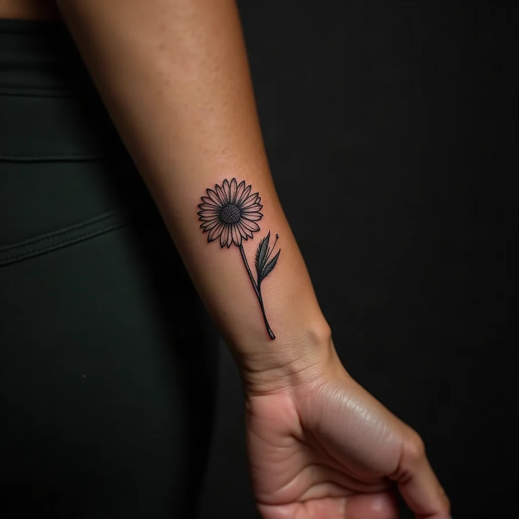 Single-needle aster with hairline petals and stippled center tattooed on the inner wrist