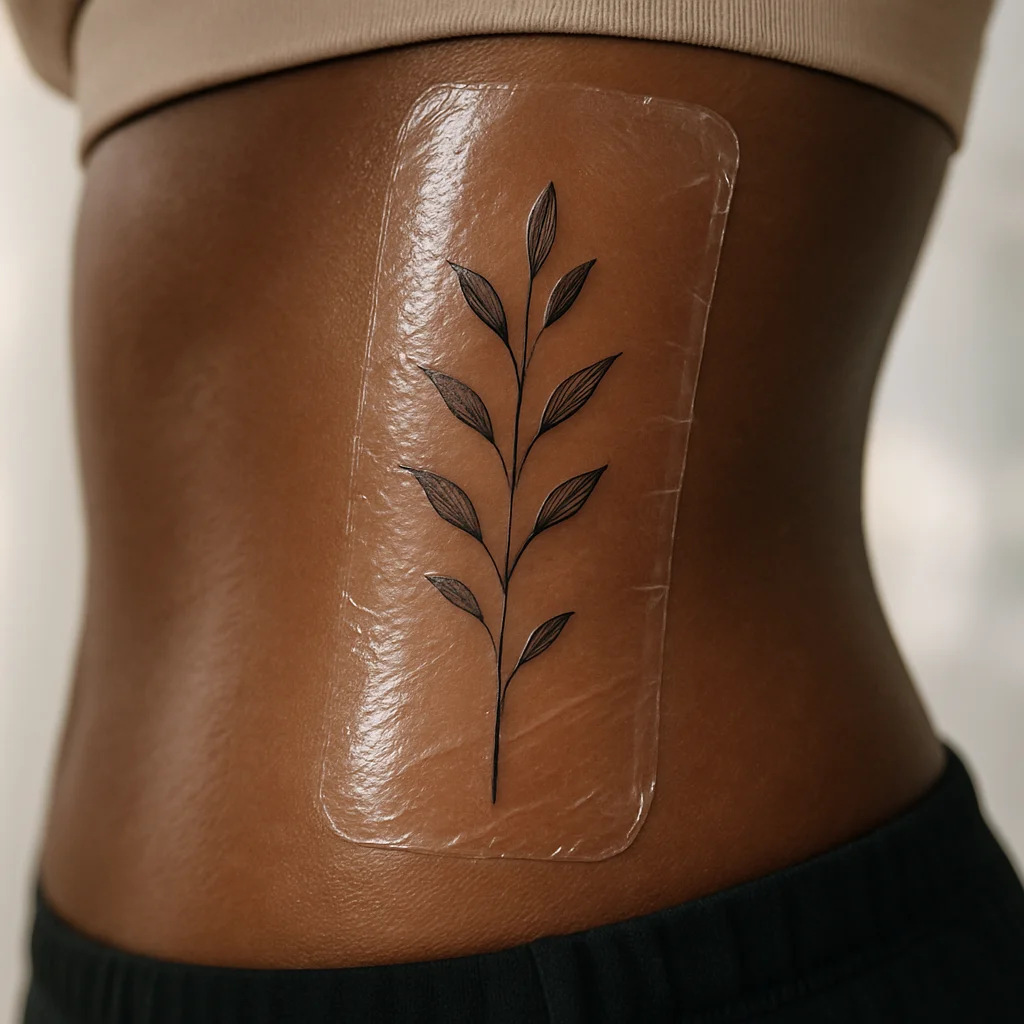 Single-needle botanical sprig tattoo on the ribcage sealed under clear adhesive second skin