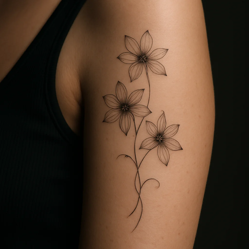 Single-needle clematis blooms on a hairline spiral stem around the upper arm