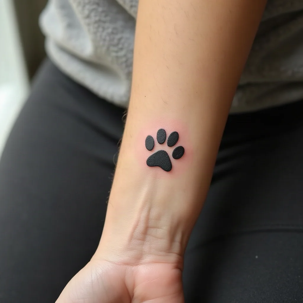 Single-needle paw print outline tattoo in fine-line style on an inner wrist