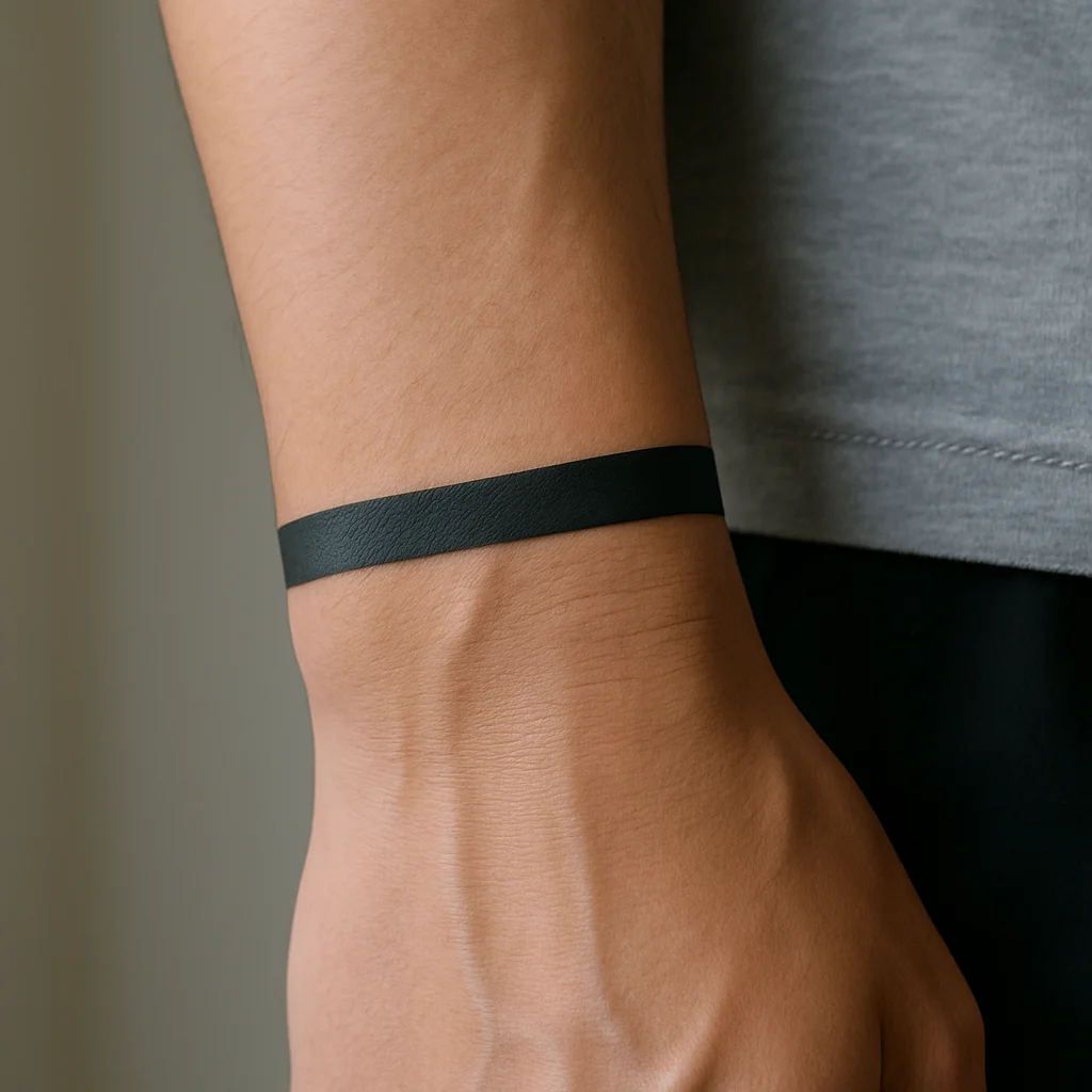 Single solid black band tattoo wrapping a man's wrist