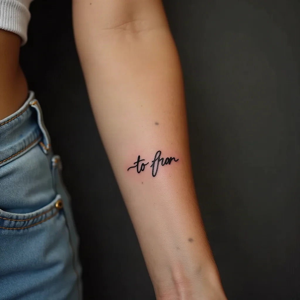 Single-word cursive script tattoo on the inner wrist, a minimum-priced fine-line piece