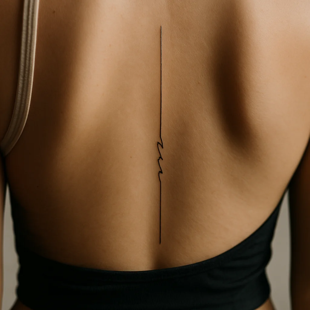 Single word vertical lettering tattoo down the spine in minimalist slim type