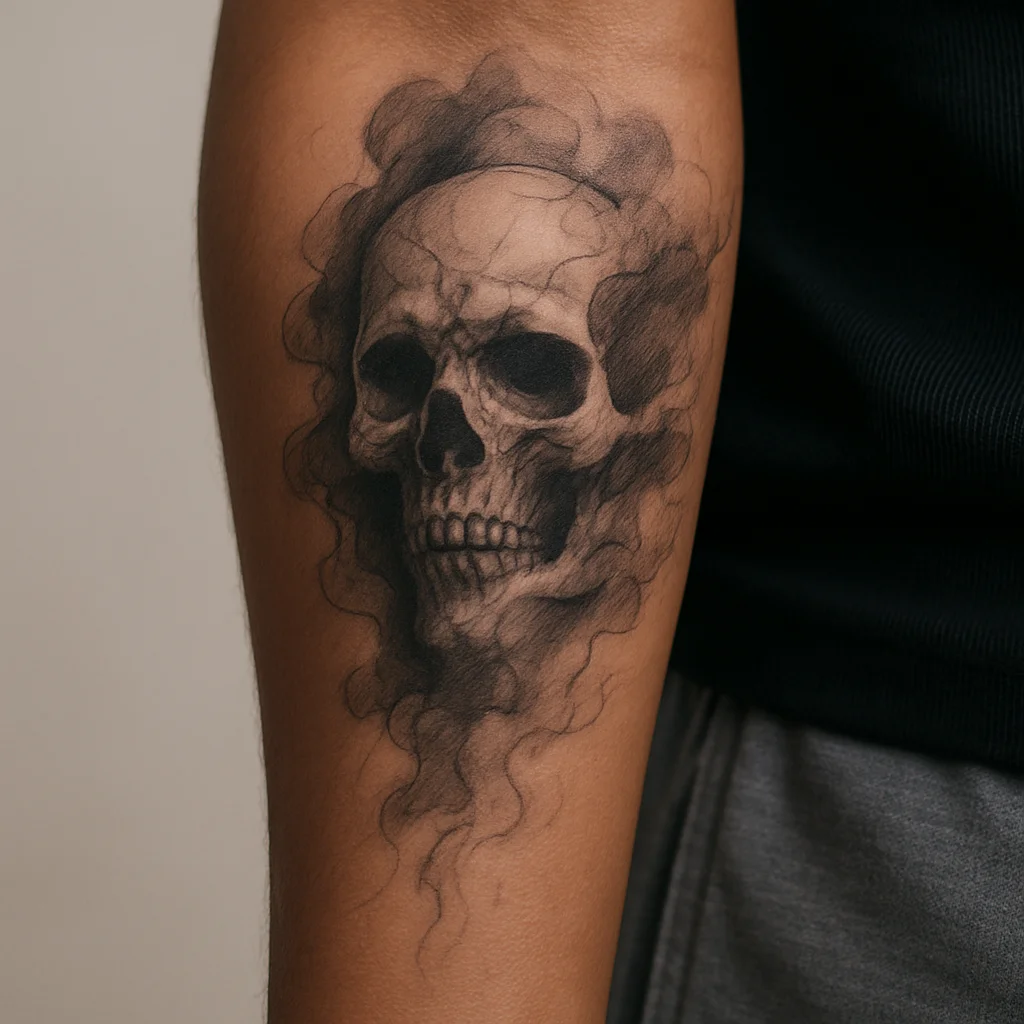 Skull emerging from dark grey smoke wash tattooed on the outer forearm