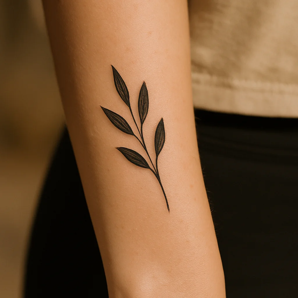 Slim olive branch tattoo with solid leaves curving along the ulna near a man's wrist