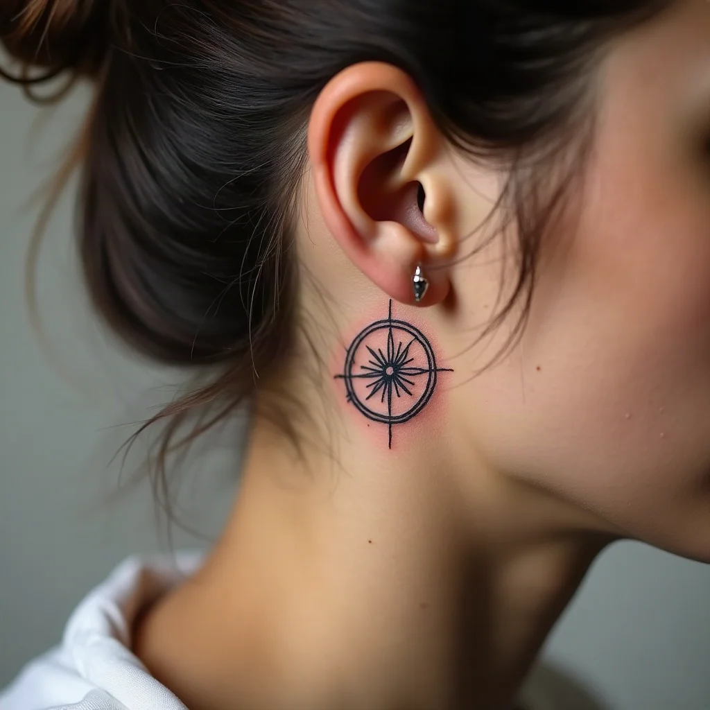 Small aster inside a thin circle frame, fine-line tattoo placed behind the ear