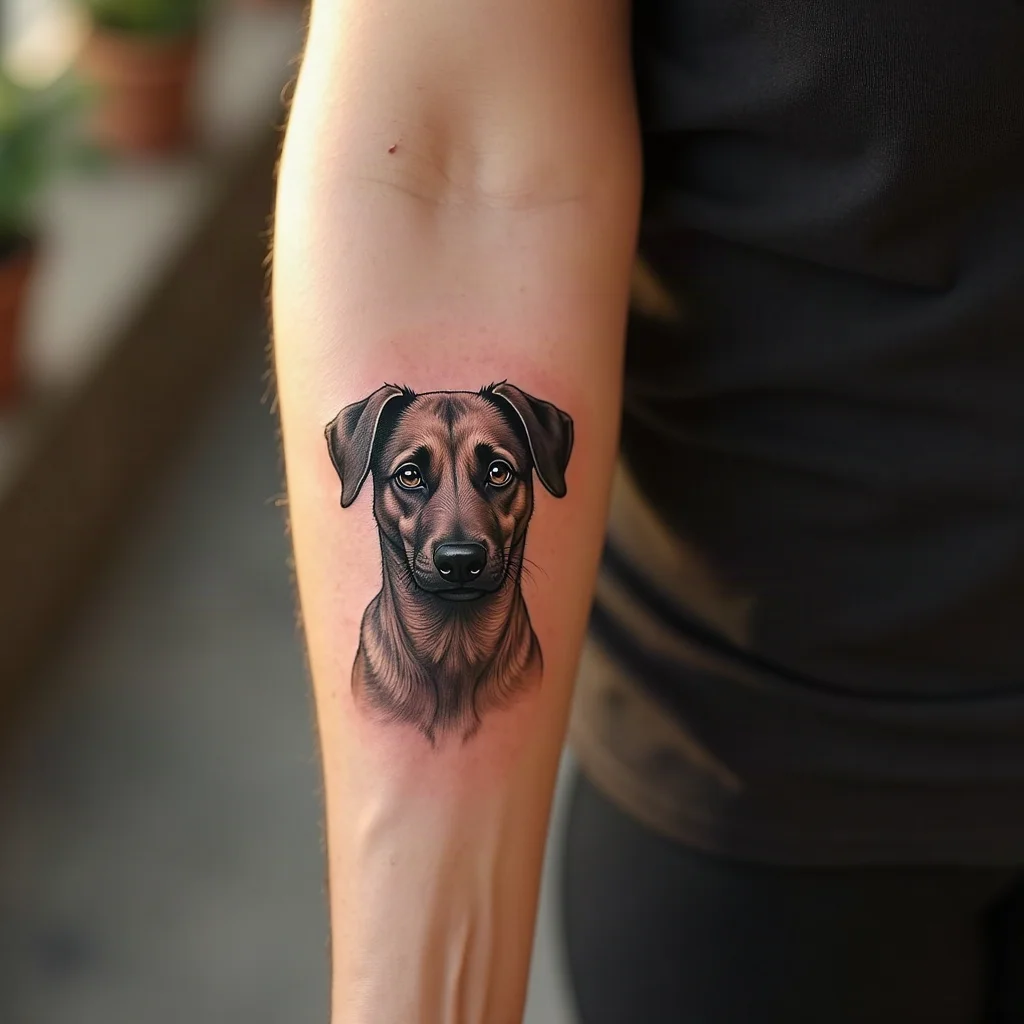 Small black-and-grey micro-realism pet portrait tattooed on the inner forearm