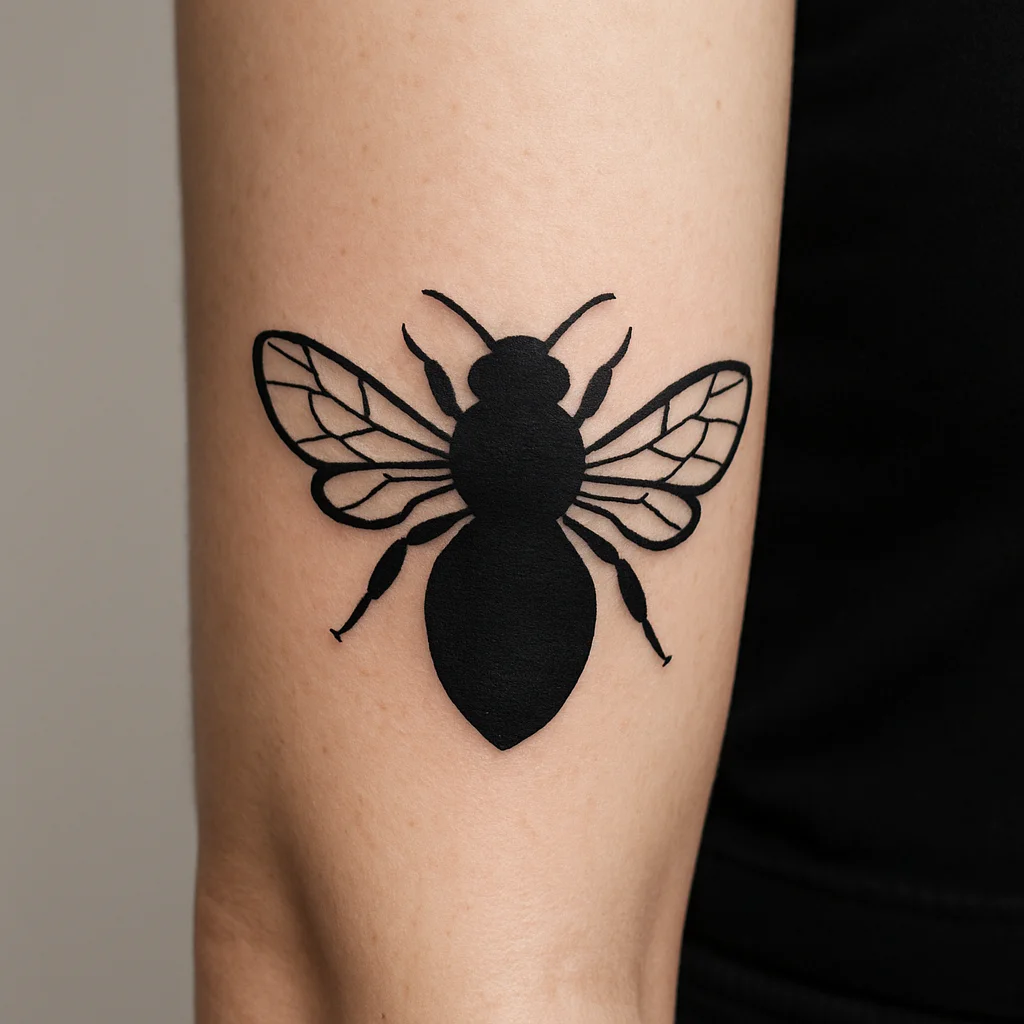 Small blackwork bee tattoo on a man's outer wrist