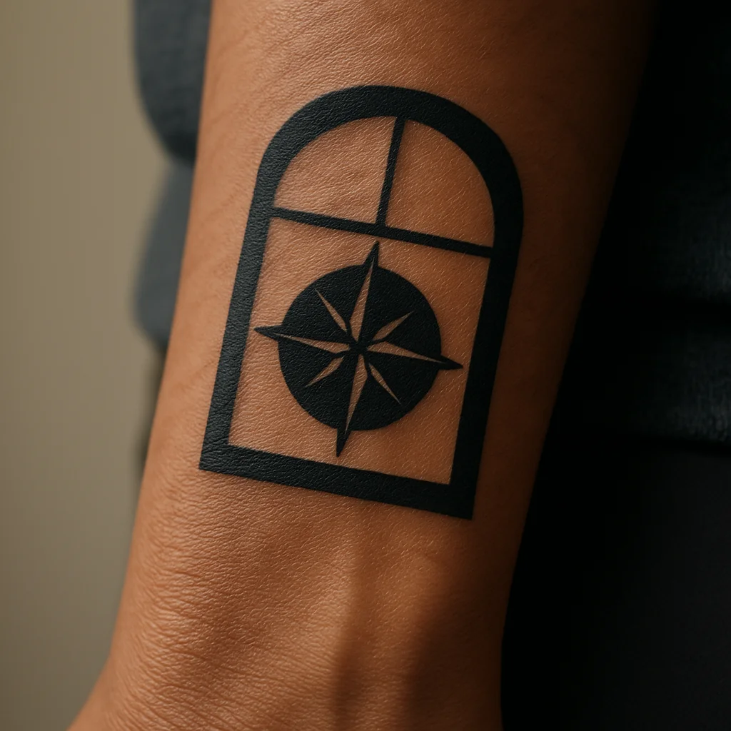 Small blackwork compass placed in the watch-case window on a man's wrist