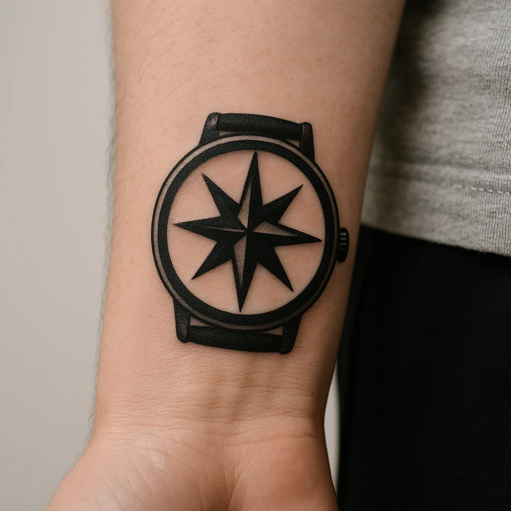 Small blackwork compass rose tattoo sized to a watch dial on a man's wrist