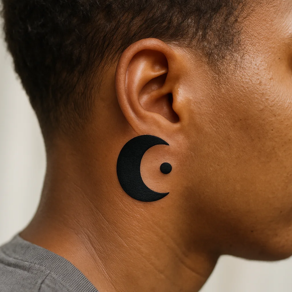 Small blackwork crescent moon tattoo with a single dot placed behind the ear