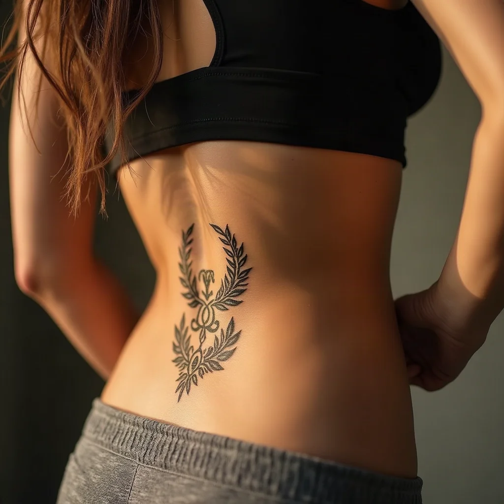 Small blackwork ornamental crescent tattoo low on a woman's spine at the sacrum
