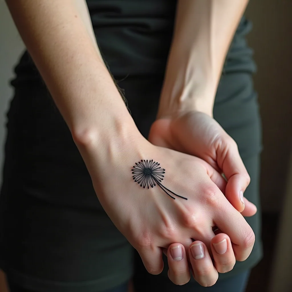 Small bold-lined aster tattoo on the back of the hand near the thumb