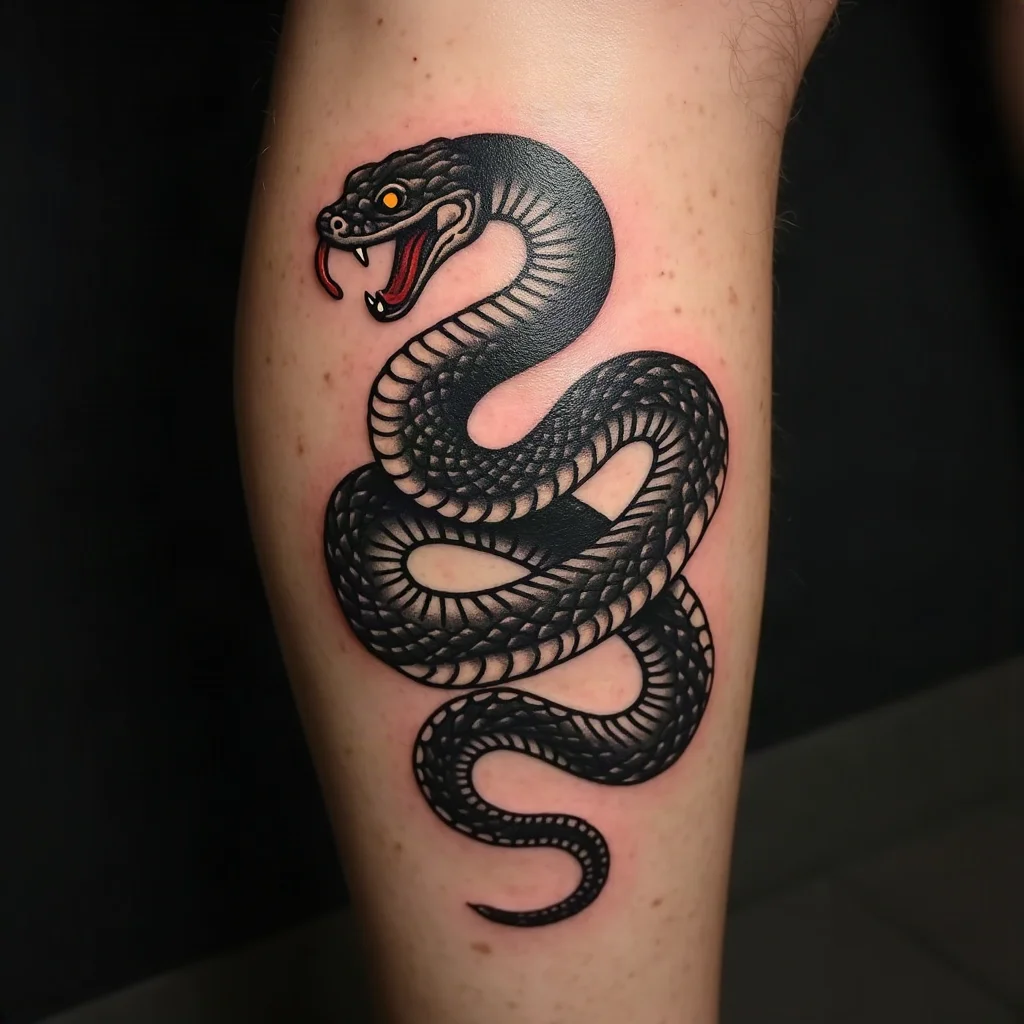 Small coiled traditional snake tattoo with bold black outlines and red tongue on the calf