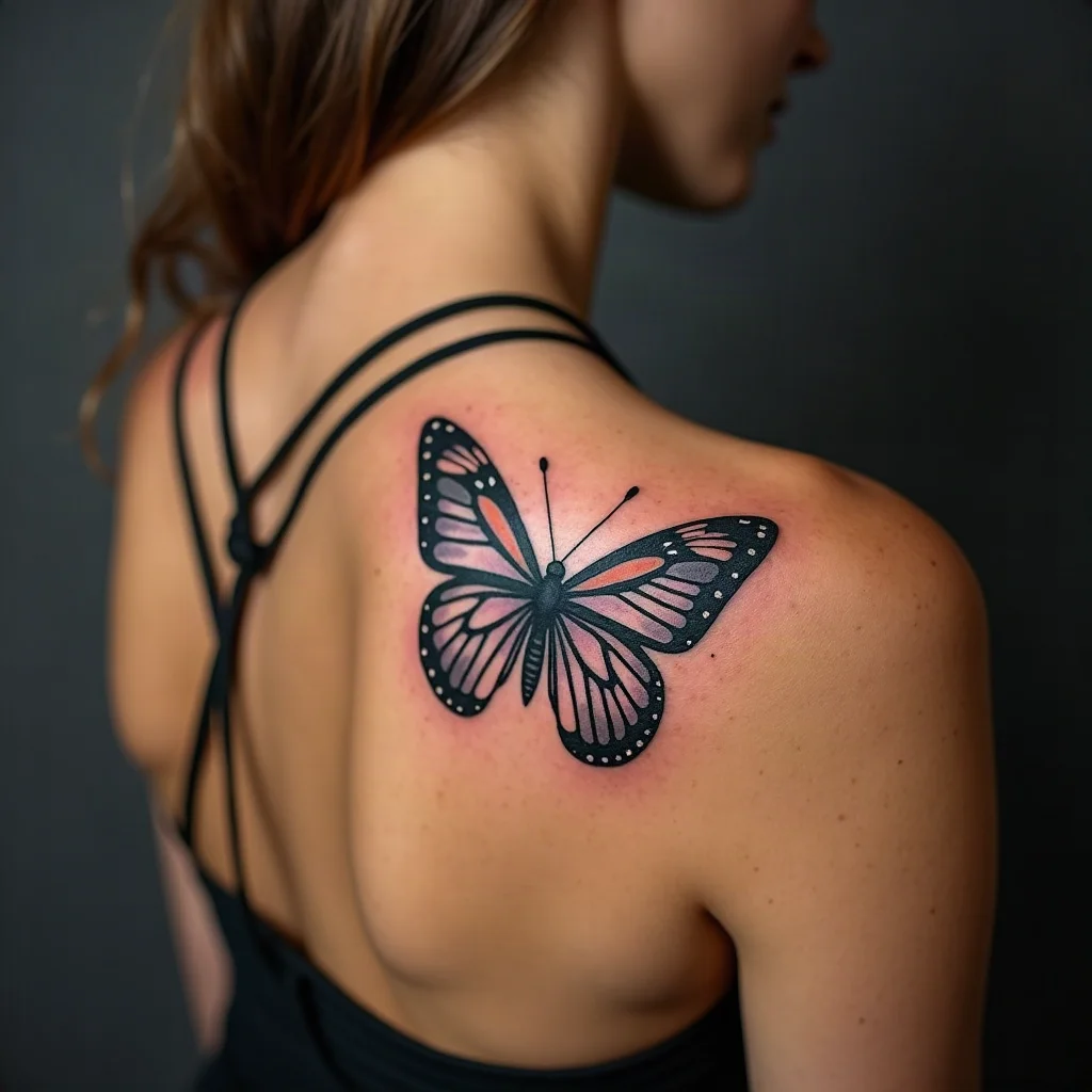 Small color butterfly tattoo with blended wings on the shoulder
