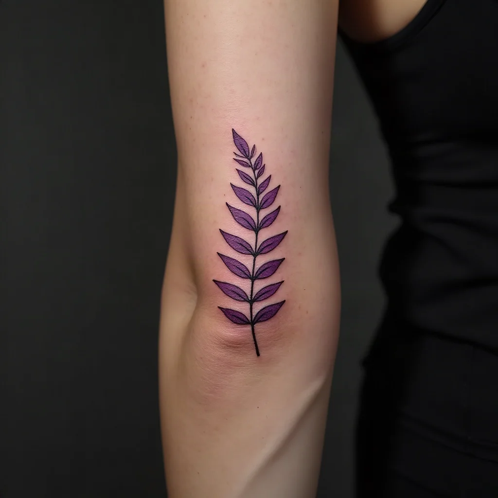 Small fern stencil measured with a ruler on the inner forearm before a fine-line tattoo session