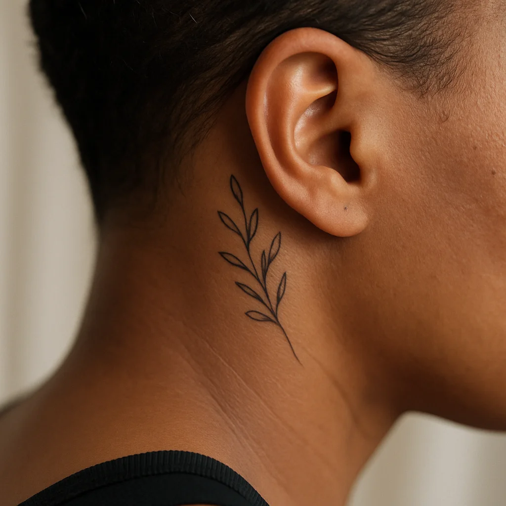 Small fine-line botanical sprig tattoo behind the ear