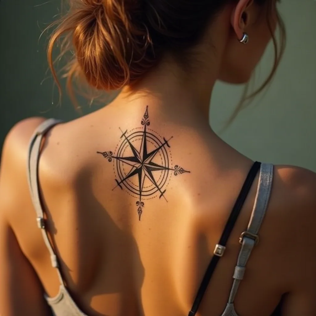 Small fine-line compass tattoo centred high on a woman's upper back