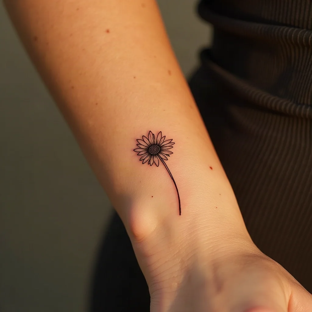 Small fine-line daisy tattoo on a sister's inner wrist, matching design for three siblings