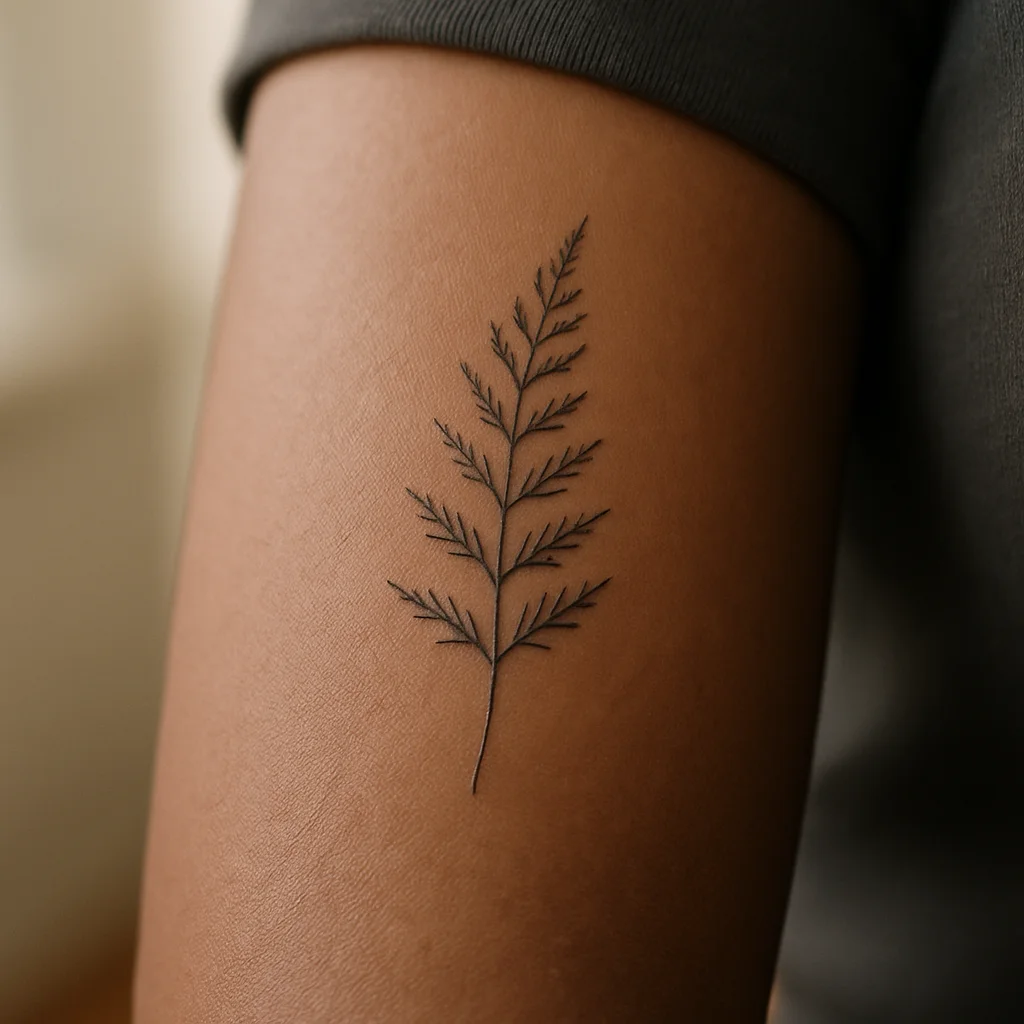 Small fine-line fern frond tattoo on the inner forearm, a low-pain first-tattoo placement