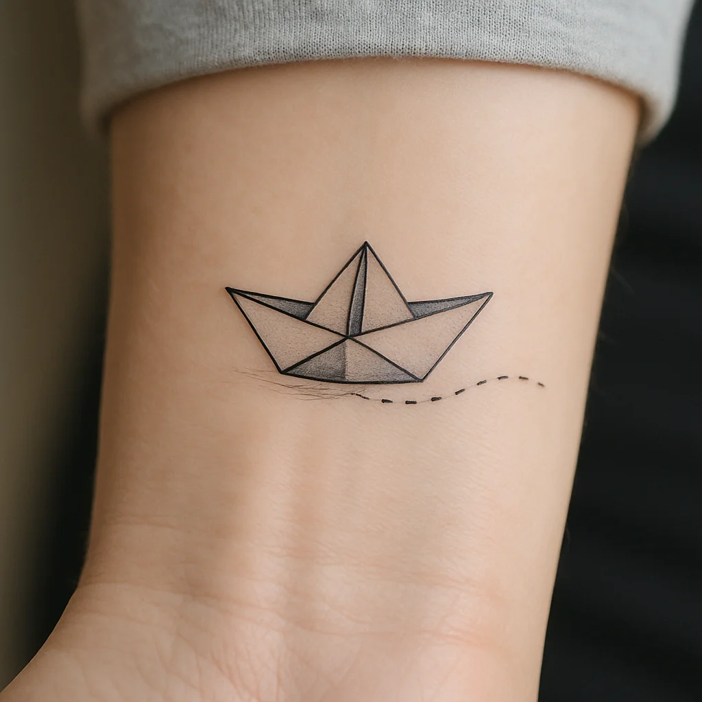 Small fine-line paper boat with a dashed wake tattooed on an inner wrist