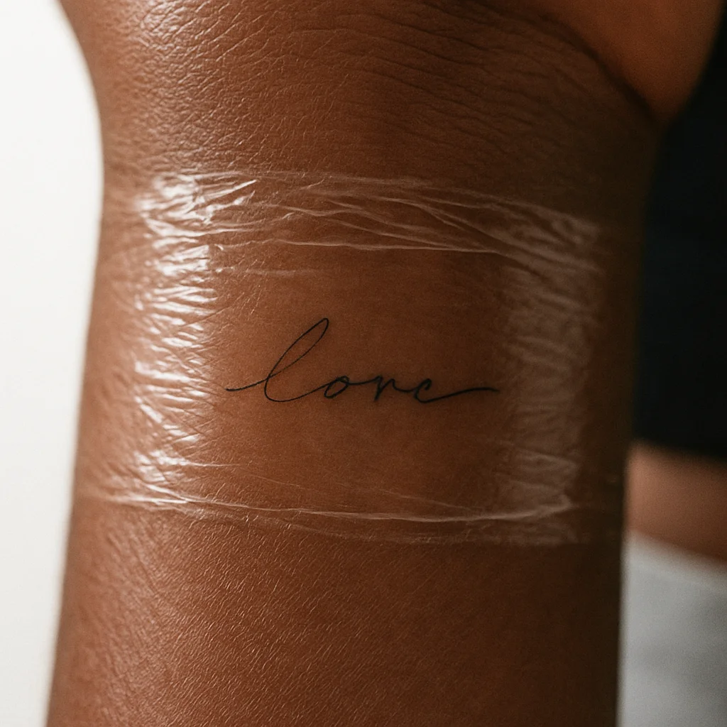 Small fine-line script word tattoo on an inner wrist under fresh cling film