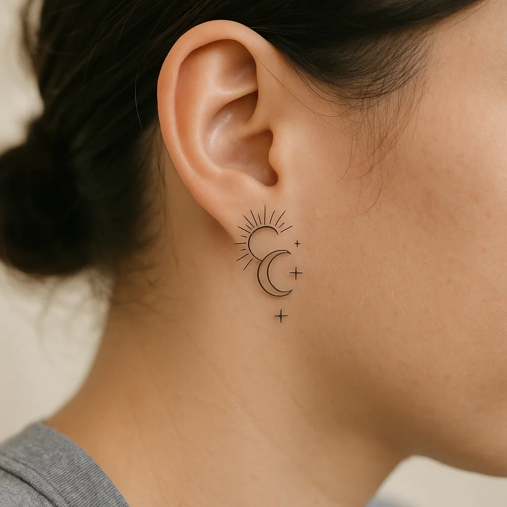 Small fine-line sun and crescent moon tattoo tucked behind the ear