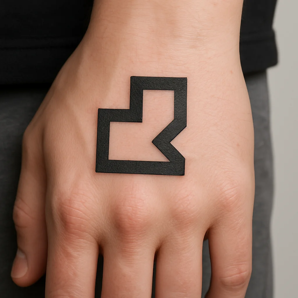 Small geometric interlocking bracket tattoo on the back of the hand as half of a couple design