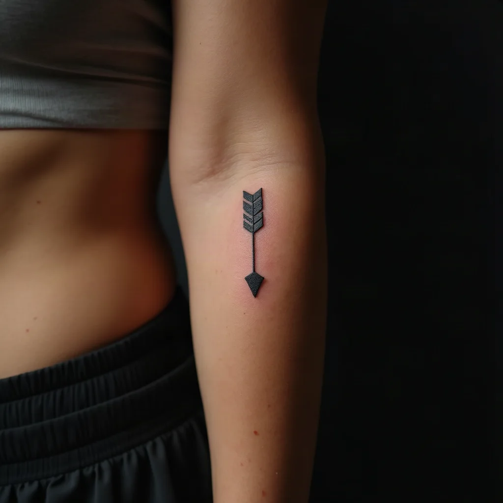 Small minimalist arrow tattoo on the side of the wrist pointing toward the hand
