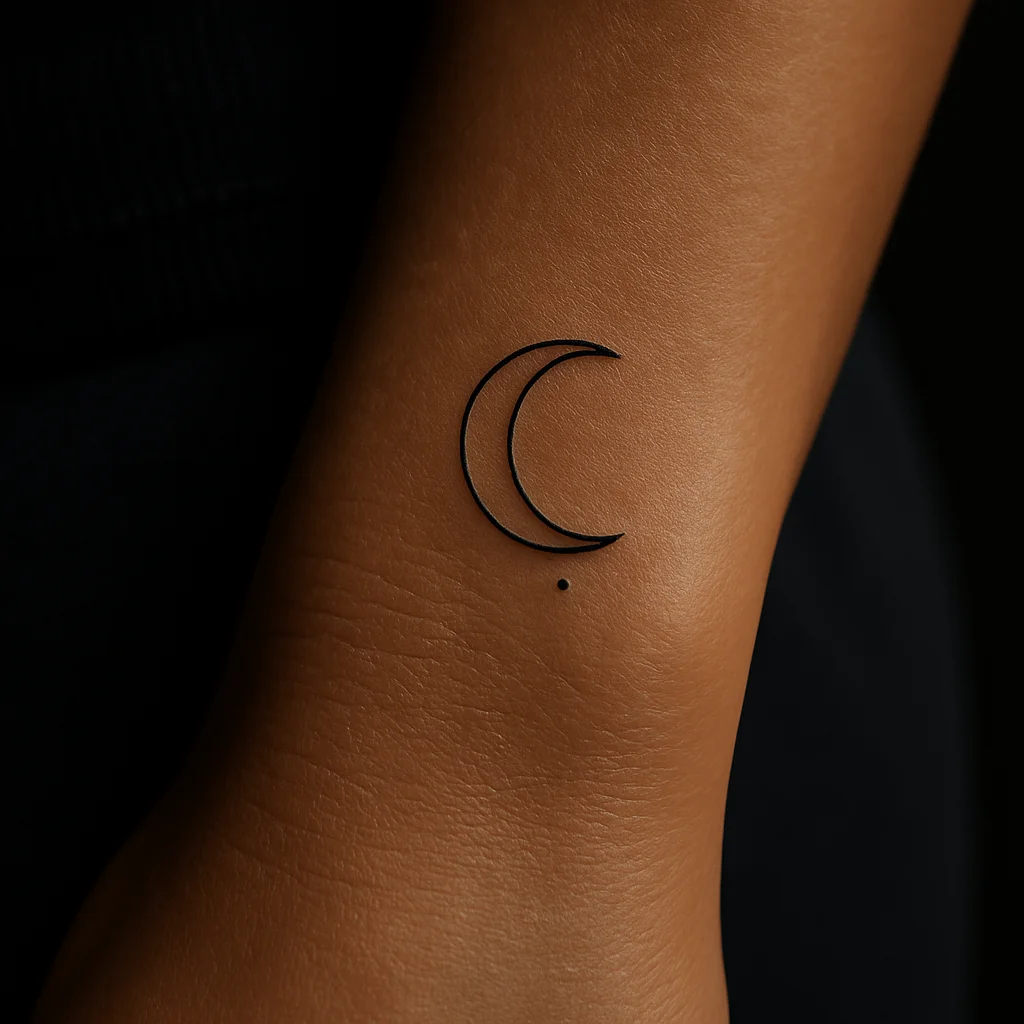 Small minimalist crescent moon with a single dot tattooed on the inner wrist