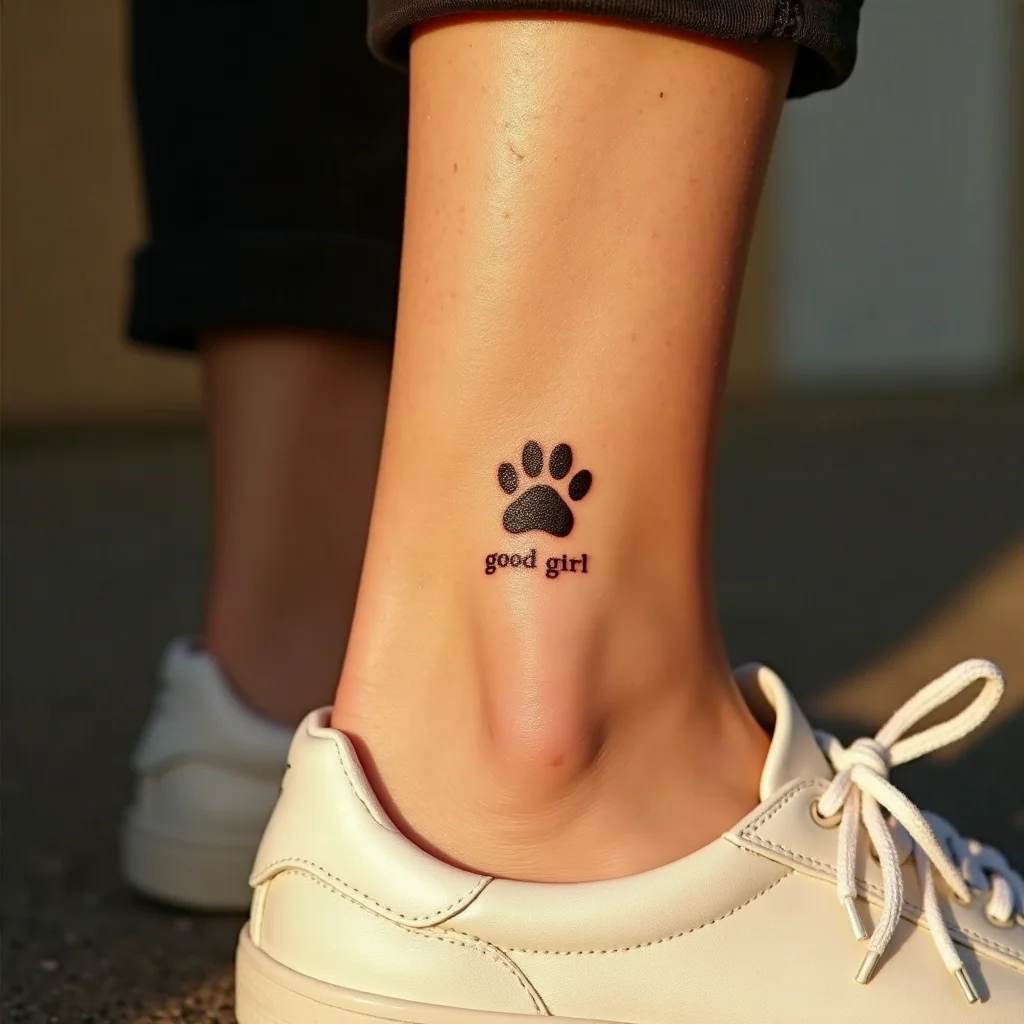 Small paw print tattoo with good girl in lowercase type, minimalist style on an ankle