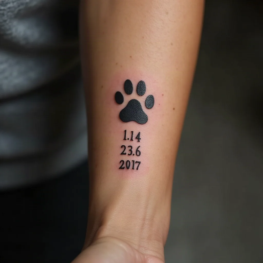Small paw print tattoo with roman numeral dates in fine-line style on the side of the wrist